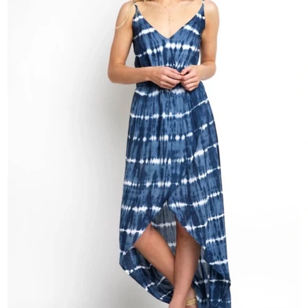 Tiare Hawaii Elegant Navy Tie-Dye High Low Dress